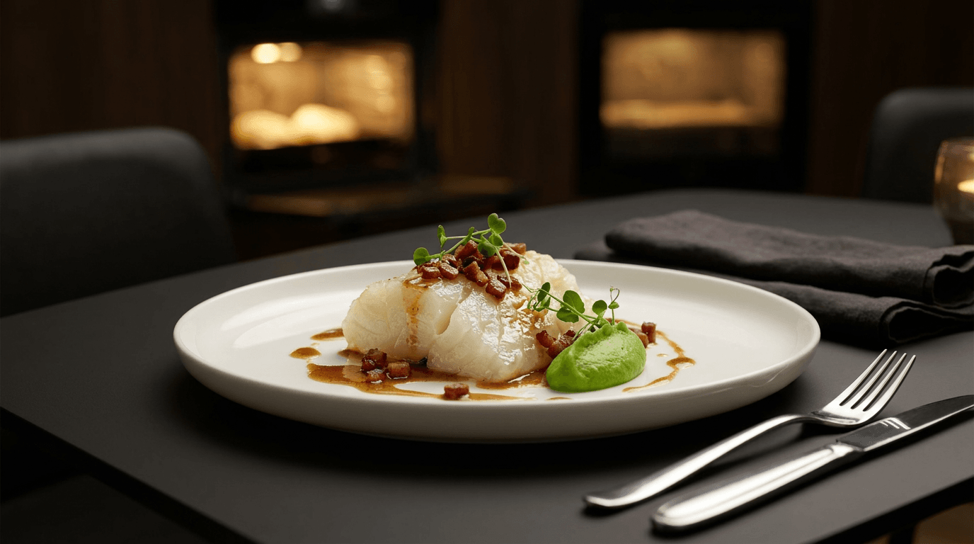 Premium anrettet ishavsrøyeporsjon på hvit tallerken med bacon, ertestuing-quenelle og microgreens, restaurantstil