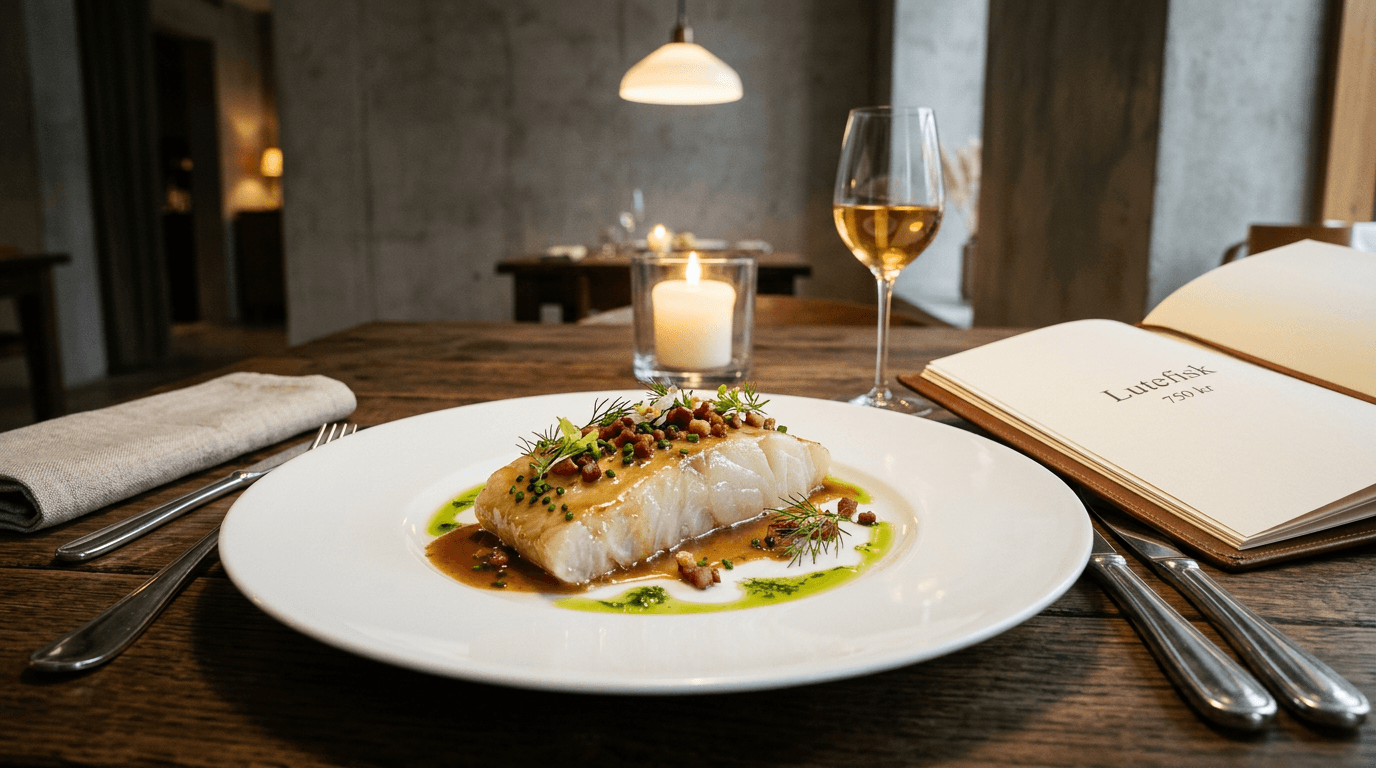 Premium ishavsrøye-anretning på restauranttallerken med bacon, dill og hvitvin — menyboken viser «Ishavsrøye 750 kr»